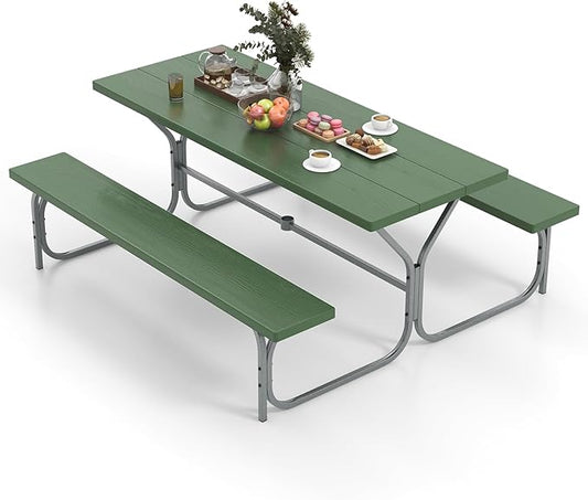 Tangkula 6 Ft Picnic Table with 2 Built-in Benches, Umbrella Hole, Metal Frame & HDPE Tabletop, 8-Person Large Table and Bench Set for Garden, Backyard, Patio (Green)