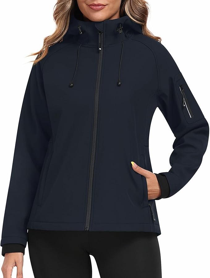 MoFiz Women's Fleece Lined Softshell Jacket Hooded Windproof Lightweight Insulated Jacket Full Zip Warm Coat