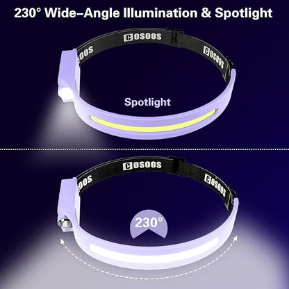 COSOOS LED Headlamp Rechargeable Flashlight, Bright Headlight Adjustable Headband for Women & Girl,1000 Lumen Wide Beam & Spot Light, Motion Sensor, 2.4 oz Lightweight Hiking Camping Essential