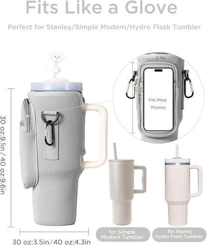 dabria Water Bottle Carrier Bag with Phone Pocket for Stanley 40/30 oz Tumbler Neoprene Water Bottle Holder Pouch with Adjustable Strap Bollus with Straw Cover & Carabiner for Stanley Cup Accessories
