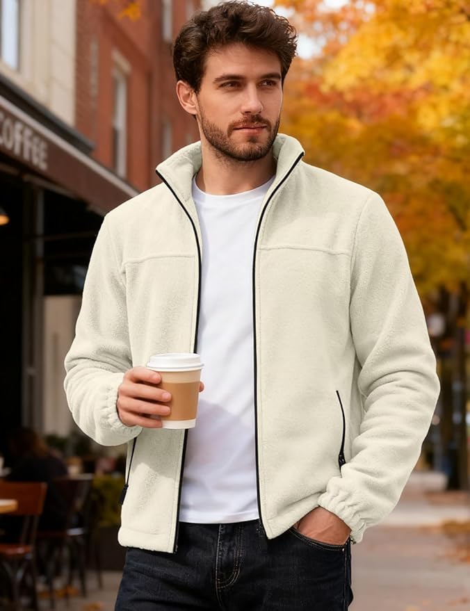 Mens Polar Fleece Jacket Full Zip Lightweight Casual Outdoor Jackets Stand Collar Warm Coats with Pockets
