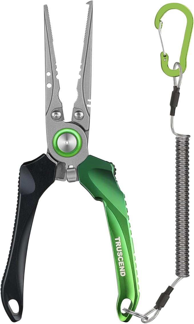 TRUSCEND Lockable Handy Fishing Pliers with Innovative Ergonomic Handle, Saltwater Corrosion Resistant Teflon Coated Fishing Tool, Multi-Function Fishing Gear with Mo-V Cutter