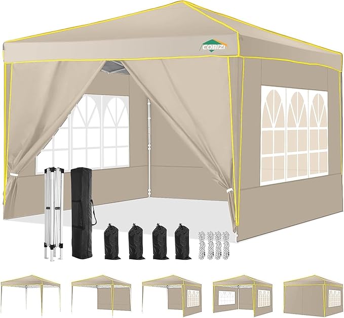 COBIZI 10x10 Pop Up Canopy with 4 Sidewalls, Easy up Canopy for Events, Sports, Beach, Party, Outdoor Party Canopies with 4 Weight Bags, Stakes x4, Ropes x4, Khaki
