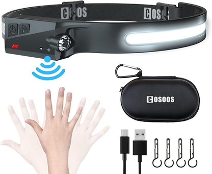 COSOOS LED Headlamp Rechargeable Flashlight & Carry Case, Bright Head Lamp Floodlight & Spot Light, Motion Sensor,2.4oz Lightweight Headlight for Hard Hat, Outdoor Hiking & Camping Gear