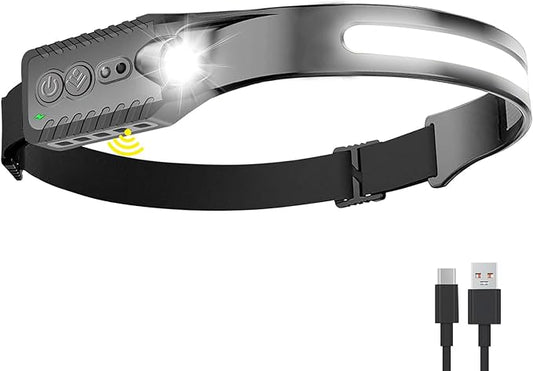 Rechargeable LED Headlamp (Gray), 400 Lumens, 230° Wide Beam, USB-C, IPX4, 5 Modes — Lightweight, Adjustable Headband; Hard Hat Clips for Camping, Hiking, Running & Repairs