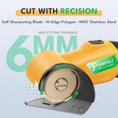 Powpact® High Speed Cardboard Cutter, Cordless Electric Scissors for Cardboard Fabric Carpet, Automatic Electric Box Cutter with Safety Lock - Rechargeable Battery, Heavy Duty Power, Rotary Cutting