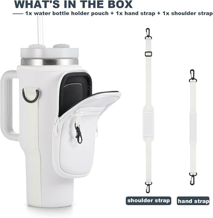 Water Bottle Carrier Bag with Phone Pocket for Stanley 40 & 30 oz Tumbler with Handle,Pink Insulated Neoprene Cup Holder Pouch w/Adjustable Strap for Quencher H2.0 Stanley Cup Accessories