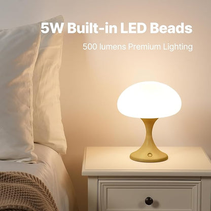 Mushroom Lamp, 5W LED Cordless Rechargeable Table Lamp with Glass Shade, Small Retro Dimmable Touch Light with 3 Color Temps, Aesthetic Mid Century Bedside Light for Bedroom Ambient, Mustard