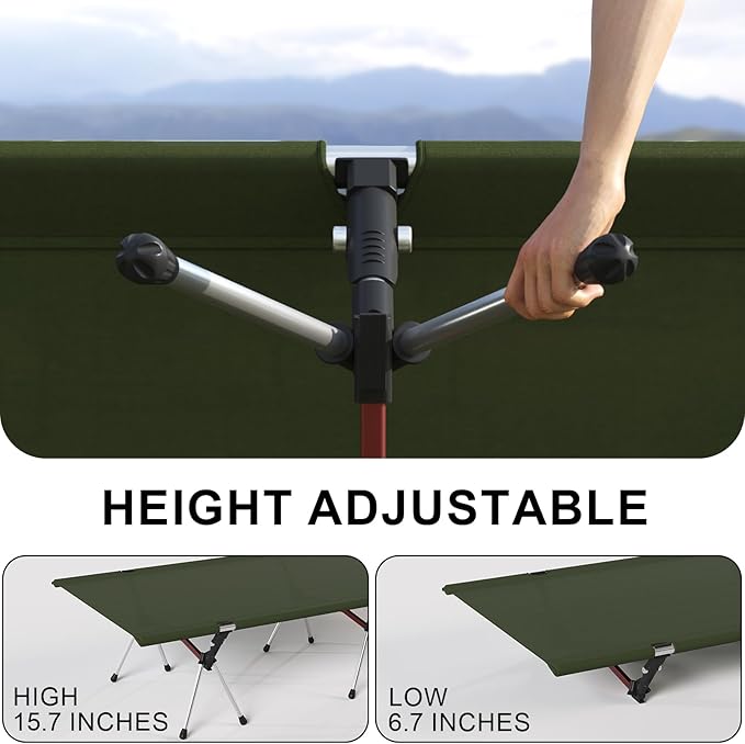 Camping Cot with Leg Extenders,Lightweight Portable Bed for Camping, Hiking, Travel, Beach, Home, Office Nap, Supports 330lbs, Easy Storage, Durable Design, Green