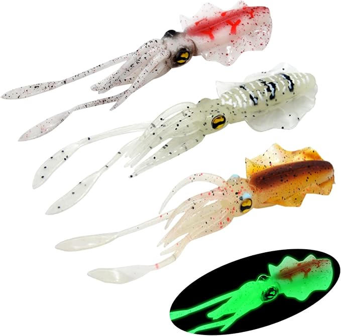 Squid Fishing Lures Large Simulation Luminous Artificial Lures Baits with 3D Holographic Eyes & Treble Hook, Built in Lead Blocks, Lifelike Plastic Fishing Soft Lures for Saltwater Fishing