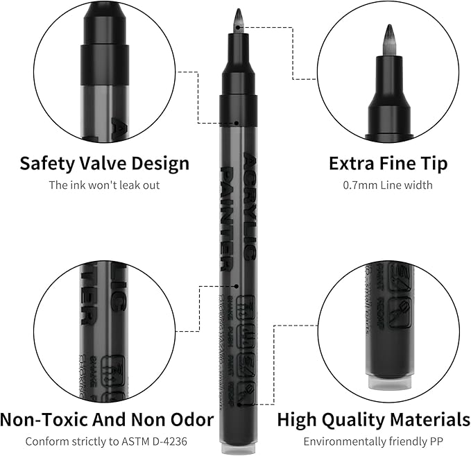 Acrylic Paint Pens Waterproof Markers 6 Black Permanent Marker Pens Acrylic Pens for Rock Painting Glass Stone Ceramic Metal Fabric Pebble Painting pens Craft Supplies