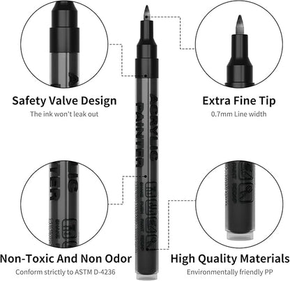 Acrylic Paint Pens Waterproof Markers 6 Black Permanent Marker Pens Acrylic Pens for Rock Painting Glass Stone Ceramic Metal Fabric Pebble Painting pens Craft Supplies