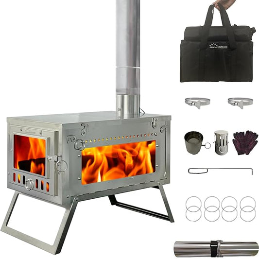 DANCHEL OUTDOOR S6/SSG Portable Folding Hot Tent Camping Stove, 304 Stainless Steel Small Tent Wood Stove with 7.2ft Pipe for Winter Survival,Cooking, Backpacking
