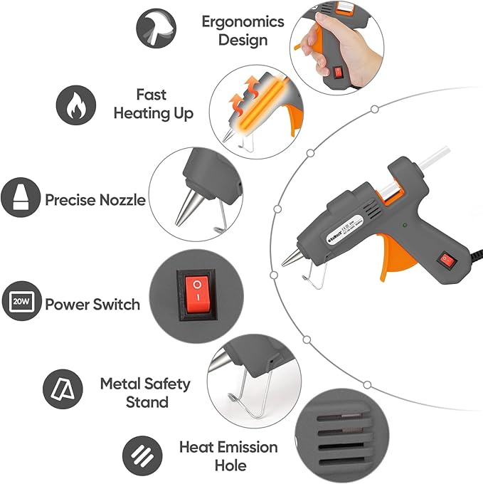 ROMECH 20W Mini Hot Glue Gun with 30 Glue Sticks Set, Fast Preheating Hot Glue Gun Kit Heavy Duty Gluegun for Craft, DIY, Repairs (Grey)