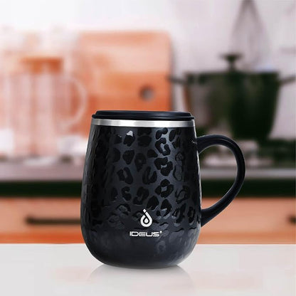 Ideus 16 oz (470 ml) Insulated Coffee Mug with Handle and Lid, Double Wall Stainless Steel Vacuum Thermal Coffee Mug, Travel Coffee Cup Thermal Cup for Home and Office, Leopard Black
