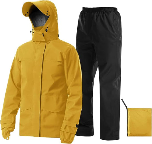 iCreek Rain Suit Waterproof Jacket with Pants 2 Pieces Breathable Lightweight Packable Raincoat with Hooded Rain Gear Unisex
