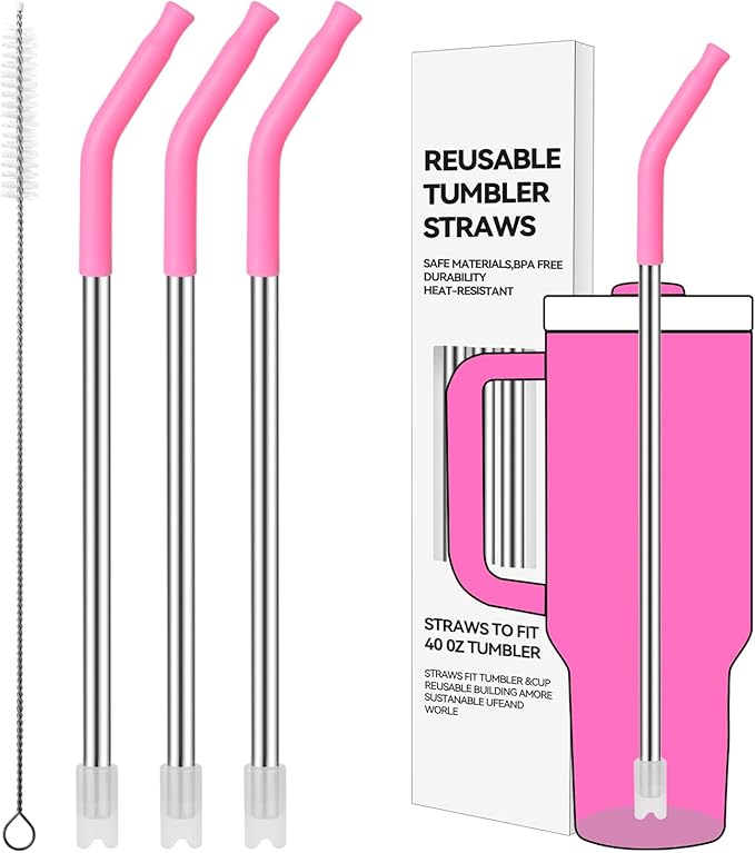 Reusable Metal Straws with Silicone Tip for Stanley 40oz,Stainless Steel Drinking Straws for 40oz Tumbler,3 Straight Tubes & 6 Tips& 1 Cleanr Brush(Vivid Violet)