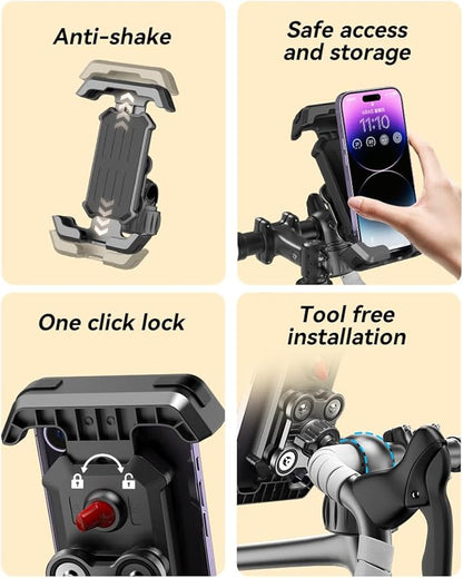 One-Hand Operation Bike Phone Holder 360° Rotation & Anti-Vibration Quick Release Holder for Motorcycle Scooter E-Bike Fits iPhone Samsung Google Pixel, Black (Upgraded Version)