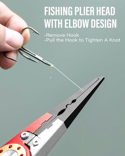 7.8" Saltwater Fishing Pliers with Needle Nose Jaws - Aluminum Grip, Tungsten Cutters | Fishing Tackle Gifts, Fishing Multitool, Red/White