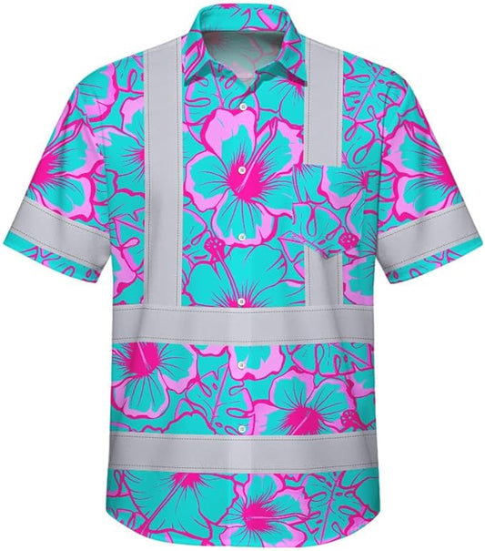 High Visibility Hawaiian Shirt for Men Tropical Shirts Custom Name Floral Outfit Reflective Safety Workwear