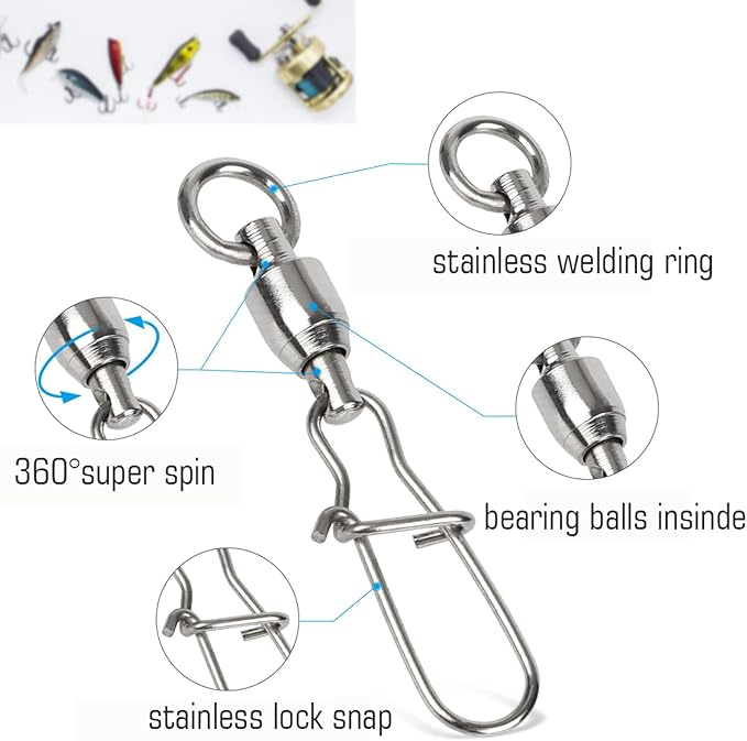 AMYSPORTS Duo Lock Snap Fishing Swivels Stainless Barrel Swivels Fishing Lure Snap Swivels Ball Bearing Swivels Fishing Tackle for Saltwater Fishing Freshwater Fishing