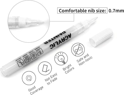 Acrylic Paint Pens Waterproof Markers 6 White Permanent Marker Pens Acrylic Pens for Rock Painting Glass Stone Ceramic Metal Fabric Pebble Painting pens Craft Supplies