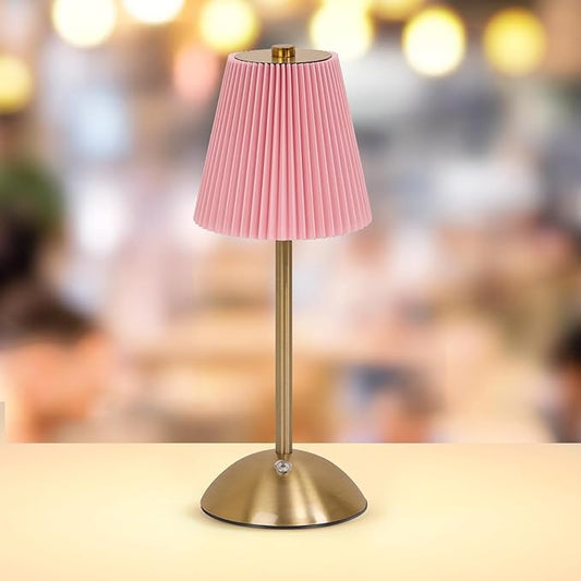 Fabric Shade Lamps, Cordless LED Table Lamp with Dimmer, Built-in Rechargeable Battery, 3-Level Brightness, Patio Table Lamp, Bedside Night Lamp, Ambient Light for Restaurant, Antique Brass (Pink)