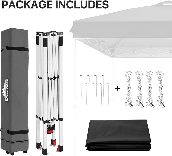 EAGLE PEAK Pop Up Canopy Tent with Wheeled Carry Bag, 8 Stakes, 4 Ropes, Easy Set Up Tent Canopy, 8x8 ft, Black