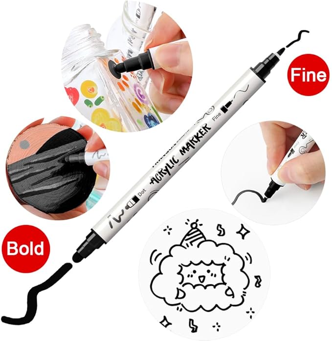 TRANSON 8 Pack Black Bold and Fine Dual-tip Acrylic Paint Marker for DIY Glass Canvas Wood Leather Ceramic Rock Painting
