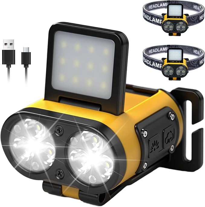 LED Hard Hat Light, 2 pcs Dimmable Clip on Cap Lights, Headlamp Rechargeable, 180°Adjustable Hands Free Hat Flashlight Headlamp Waterproof for Hiking, Running, Fishing, Cycling, Emergency (Yellow)