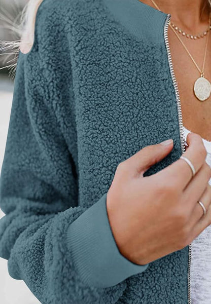 MIROL Women's Fall Trendy Fleece Jacket Faux Sherpa Fuzzy Casual Long Sleeve Zip Up Loose Fit Bomber Winter Coat