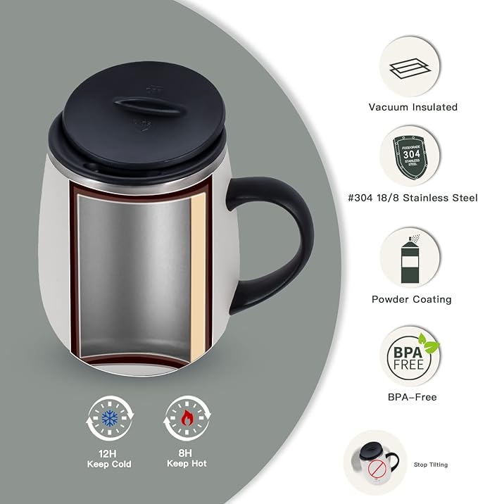 Ideus 16 oz (470 ml) Insulated Coffee Mug with Handle and Lid, Double Wall Stainless Steel Vacuum Thermal Coffee Mug, Travel Coffee Cup Thermal Cup for Home and Office (Snow Mountain White)