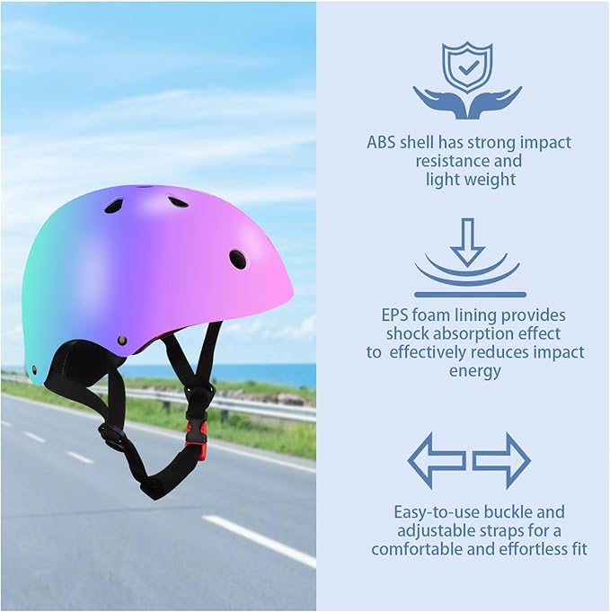 Color Gradient Adjustable Kids Bike Helmet with Knee & Elbow Pads Set | Multi-Sport Safety Gear for Boys & Girls Ages 5-14 | Skateboarding, Scooters, Roller & Inline Skating, Longboarding