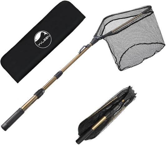 YVLEEN Folding Fishing Net - Foldable Fish Landing Net Robust Aluminum Telescopic Pole Handle and Nylon Mesh 16inch Hoop Size