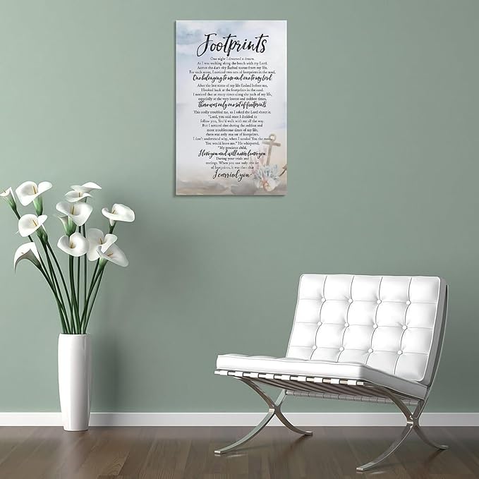 Footprints in the Sand Religious Canvas Wall Art Posters, Inspirational Beach Sunset Poem Print Poster (Framed 20x30inch, Footprints(6))