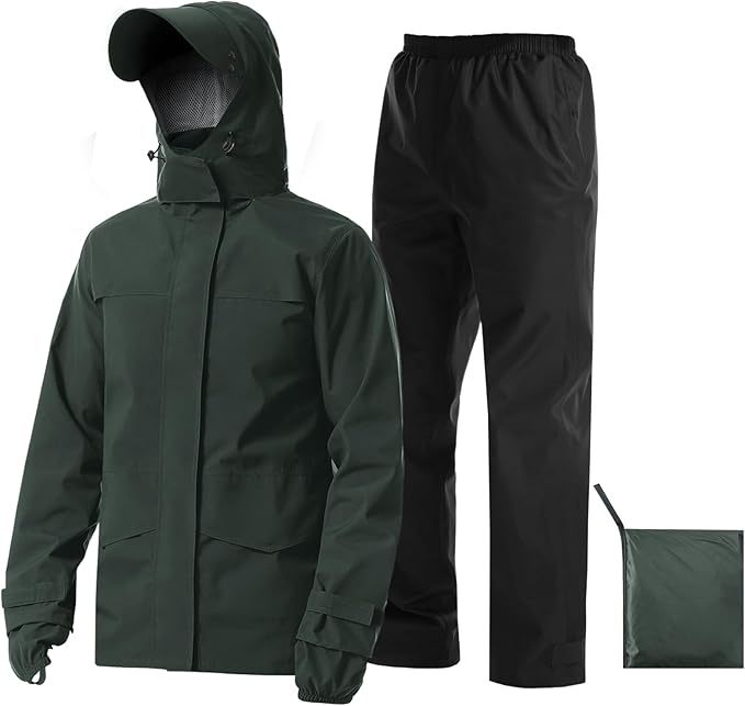 iCreek Rain Suit Waterproof Jacket with Pants 2 Pieces Breathable Lightweight Packable Raincoat with Hooded Rain Gear Unisex