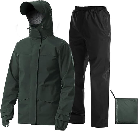 iCreek Rain Suit Waterproof Jacket with Pants 2 Pieces Breathable Lightweight Packable Raincoat with Hooded Rain Gear Unisex