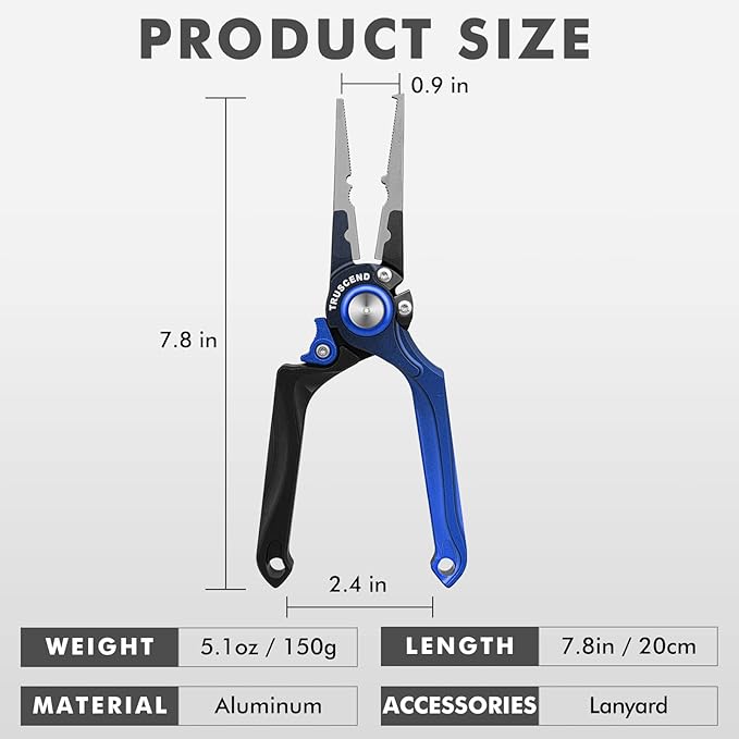 TRUSCEND Lockable Handy Fishing Pliers with Innovative Ergonomical Handle, Corrosion Saltwater Resistant Teflon Coated Fishing Tool, Multi-Function Fishing Gear with Mo-V Cutter, Fishing Gifts for Men
