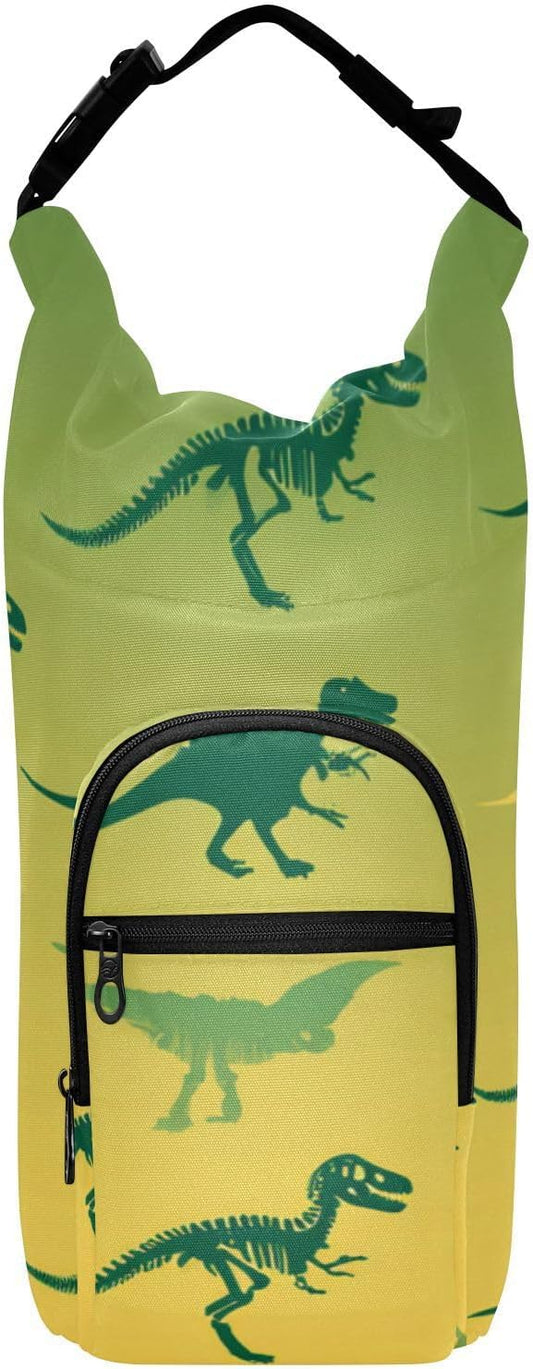 Gradient Green and Yellow Dinosaur Water Bottle Holder with Strap Insulated Water Bottle Carrier Crossbody Bags Pouch with Phone Pocket for Travel Gym Hiking Walking Running