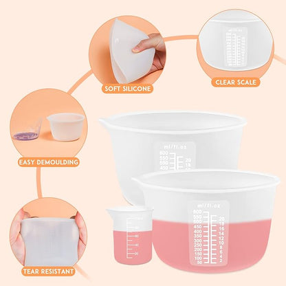 Silicone Measuring Cups Tool Kit, Non-Stick Large Bowls for Epoxy Resin, Reusable 600&100ml Mixing Cup With Stir Sticks, Pipettes, Supplies, Molds, Jewelry Making