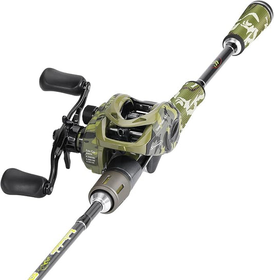 Sougayilang Baitcaster Combo, 30Ton+24Ton Graphite 2-Piece Blanks Casting Fishing Rod,SuperPolymer Handle,“S” Style Hook Keeper with Camo Baitcasting Reel