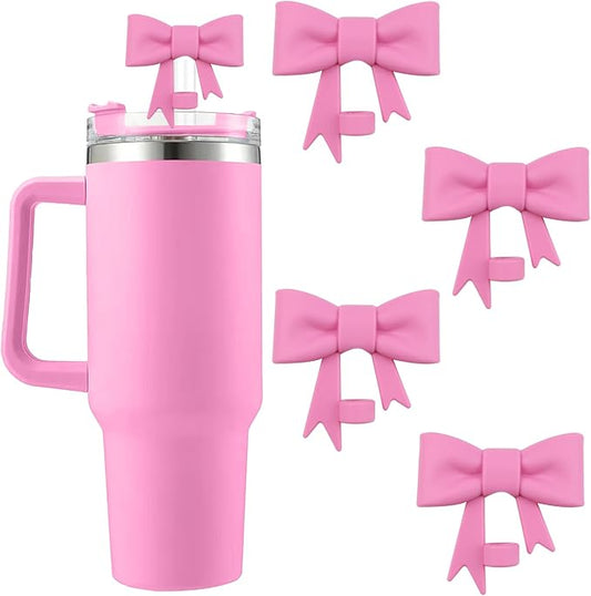 4Pcs Silicone Straw Toppers Covers for Stanley Cups 40/30oz 10mm(0.4in) Dust-Proof Bow Straw Covers Toppers Suitbale for Stanley Cup Accessories Reusable Straws Caps (Peony Pink)