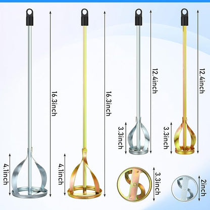 4 Pcs Paint Mixer for Drill Paint Stirrer Fits 1-5 Gallon Buckets for All Standard Drill Bits, 2 Large and 2 Medium - Gold & Silver Zinc Plated Stirrers Mixer Rods for Concrete Resin Epoxy