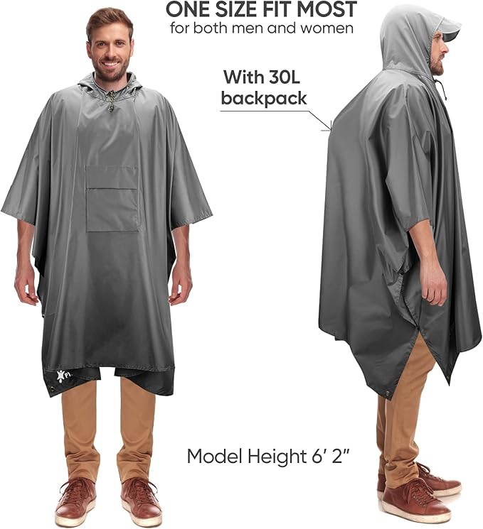 PTEROMY Hooded Rain Poncho for Adult with Pocket, Waterproof Lightweight Unisex Raincoat for Hiking Camping Emergency