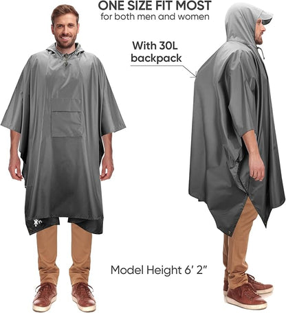 PTEROMY Hooded Rain Poncho for Adult with Pocket, Waterproof Lightweight Unisex Raincoat for Hiking Camping Emergency