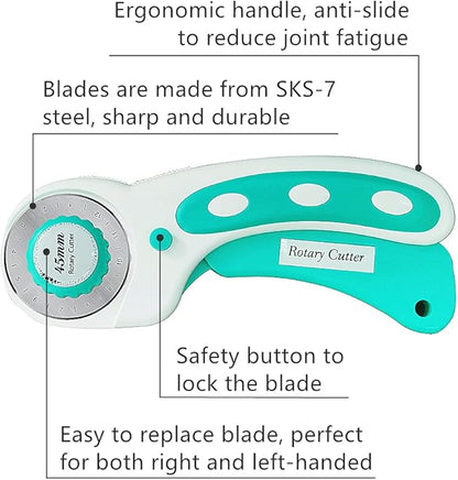 Headley Tools 45mm Rotary Cutter with 9pcs Extra Rotary Blades, Ergonomic Rolling Cutter with Safety Lock for Fabric, Sewing, Quilting, Cloth, Paper, Leather, Crafting, Fabric Rotary Cutter (Cyan)