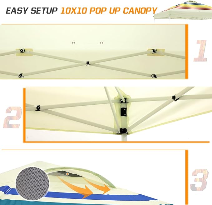 EAGLE PEAK Pop Up Canopy Tent with Wheeled Carry Bag, 8 Stakes, 4 Ropes, 4 Weight Bags, Easy Set Up Tent Canopy, 10x10 ft, 100sqft of Shade, Retro Stripe Tan