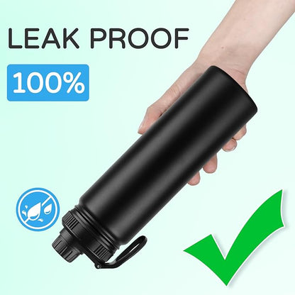 DOMICARE Insulated Water Bottle, 22 oz Vacuum Insulated Stainless Steel Reusable Sports Bottle with Straw Lid & Spout Lid for Travel, Camping, Bike, Leakproof, Black, 1 Pack…