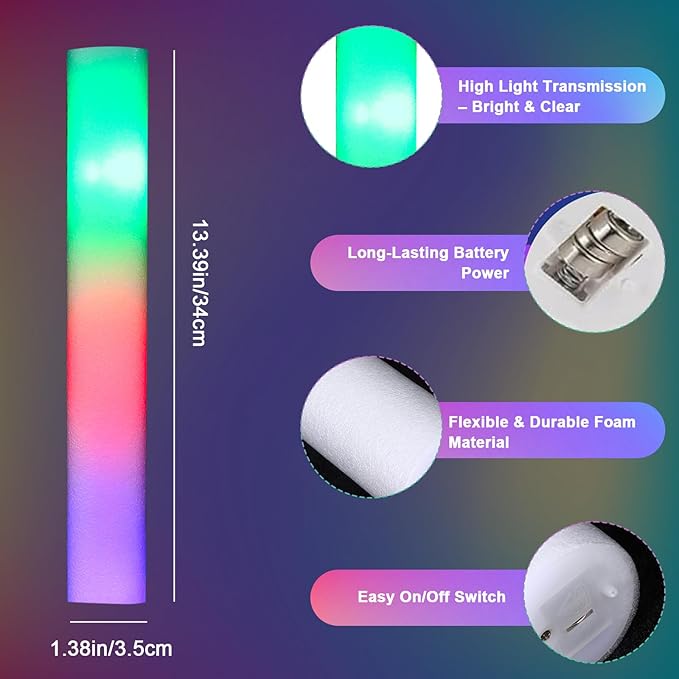 30 PCS Foam Glow Sticks, Colorful Foam Light Up Sticks for Party Supplies with 3 Flashing Modes, Long-Lasting Led Glow Stick Bulk for Birthday, Wedding, Carnival, Concert