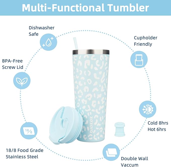 BJPKPK 26oz Tumbler With lid And Straw Stainless Steel Travel Coffee Mug Insulated Tumblers Cups,Light Blue Leopard